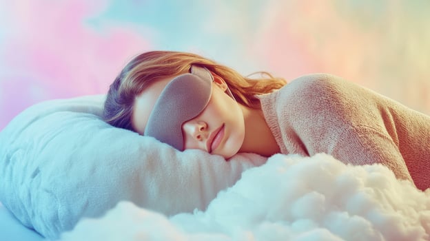 Blissful sleeping woman in cozy sleep mask dreamy clouds artistic photography calm atmosphere soft colors photo