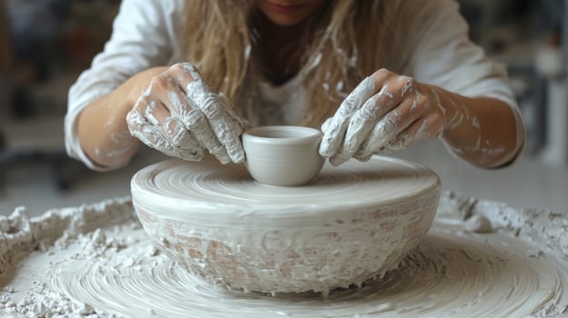 A woman is making a pottery bowl on a potter's wheel photo