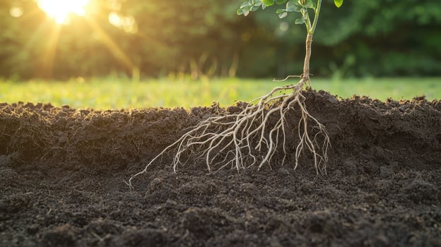 Plant growth action roots emerging from soil in nature macro view sunlit environment photo