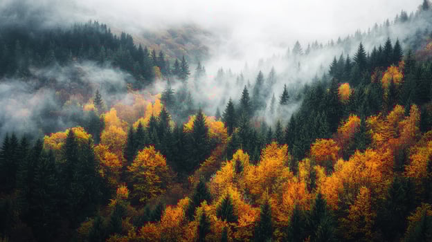 Misty autumn forest landscape nature photography foggy environment serene viewpoint tranquil concept photo