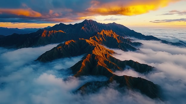 Majestic Mountain Range at Sunrise Cloudscape Aerial View Dramatic Golden Light photo