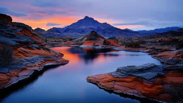 Serene Sunset Landscape Red Rock Canyon Lake and Mountain Vista photo