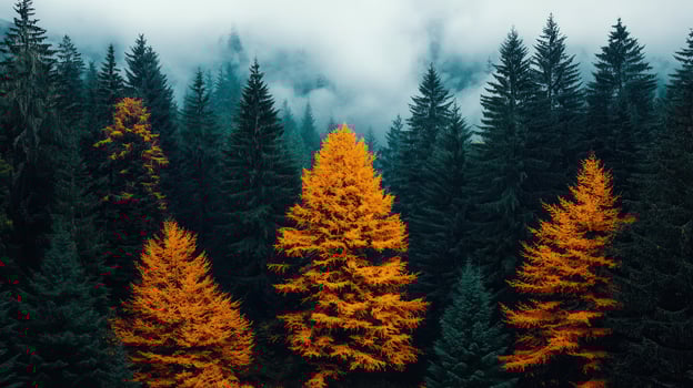 Golden Larch Tree in Autumnal Forest Misty Mountain Landscape Photography photo