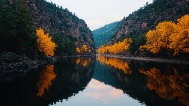 Serene Autumnal River Scene Golden Aspen Trees Reflected in Calm Water Between Steep Canyon Walls photo
