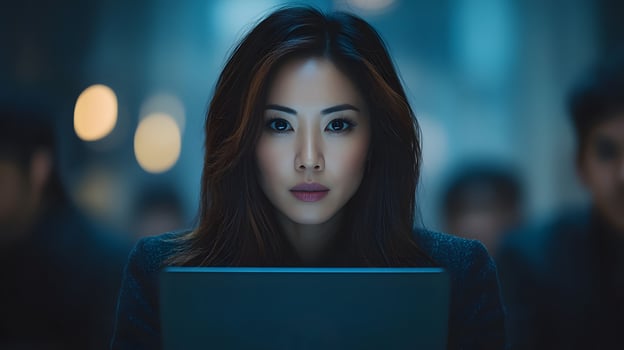 Business presentation led by Asian woman using laptop, professional office with attentive colleagues photo