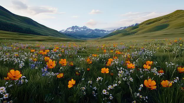 Vibrant Wildflower Meadow in Mountain Valley Landscape Breathtaking Scenery with Orange Flowers photo