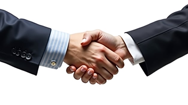 Two business people shaking hands over a white background photo