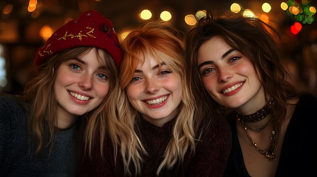 Friends laughing and bonding focused on phone screen, enjoying shared connection photo