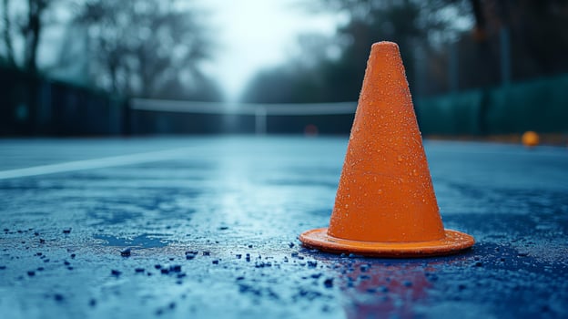 A tennis court with a tennis ball and a traffic cone photo