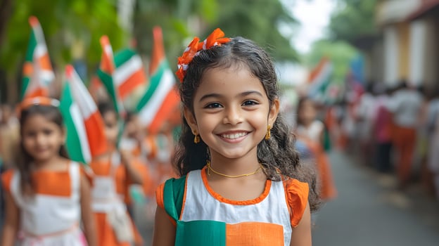 Vibrant Independence Day parade with Sri Lankan school children, flags, traditional attire, cheerful energy. photo