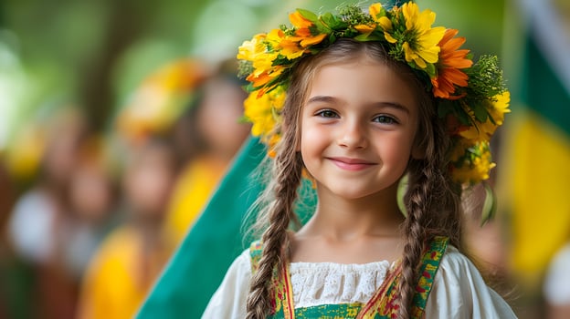 Lithuanian children in traditional clothing holding flags and smiling, Lithuania Independence Day celebration, lively scene photo