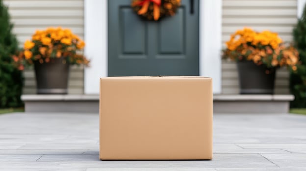 Delivery package on front porch residential area still life image autumn decor ground level view home comfort photo