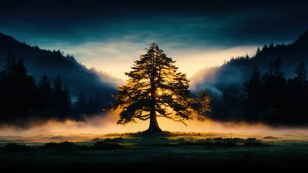 Majestic Sunrise Silhouette of a Lone Tree in Misty Mountain Valley photo