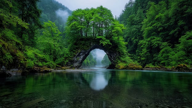 Serene Natural Stone Arch Bridge in Lush Green Forest River Landscape photo