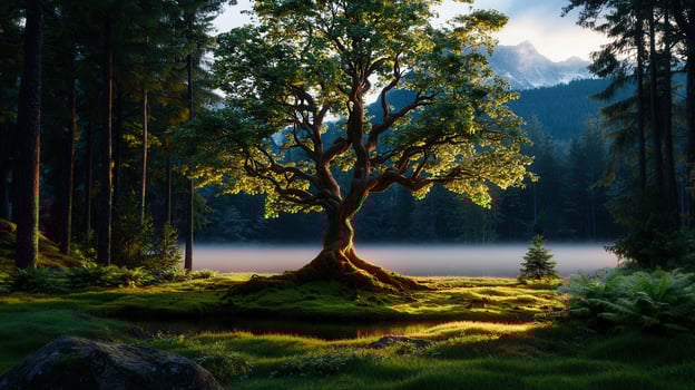 Majestic Sunrise over Serene Lake with Ancient Tree in Misty Forest Landscape photo