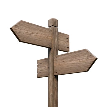 Blank rustic wooden directional sign with two opposite boards isolated on white background photo