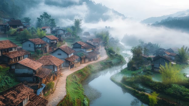 Serene village landscape shrouded in mist, with houses lining a winding river. photo
