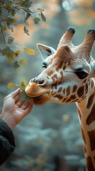 Giraffe interacts with visitor in a serene habitat amidst autumn leaves in an animal sanctuary photo