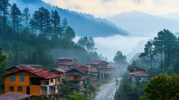 Serene village nestled in misty mountains, showcasing rustic houses and lush greenery. photo