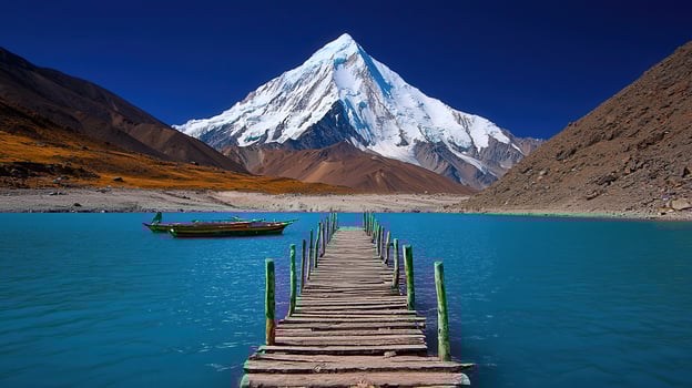 Serene Mountain Lake with Wooden Pier Boats and Majestic Snow Capped Peak photo