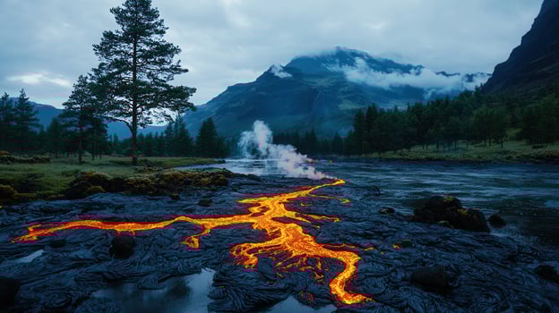 Molten Lava Flowing Through Riverbed Volcanic Landscape Dramatic Nature Scene photo