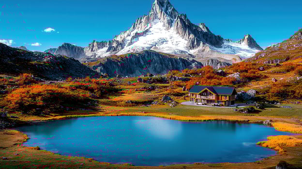 Stunning Mountain Lake House Autumn Landscape Breathtaking View of Alpine Chalet near a Serene Lake photo