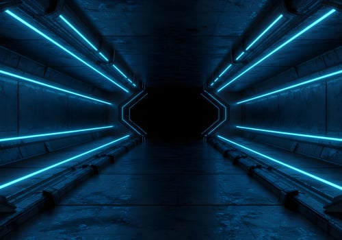 Futuristic Neon-Lit Corridor of a Derelict Spaceship photo