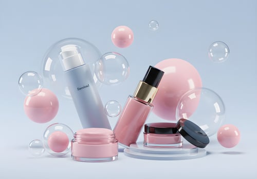 Floating Beauty Products in a Dreamy Bubble Setting photo