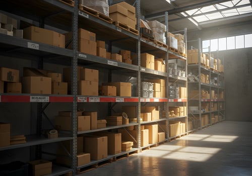 Sunlit Warehouse Rows Filled with Cardboard Boxes photo