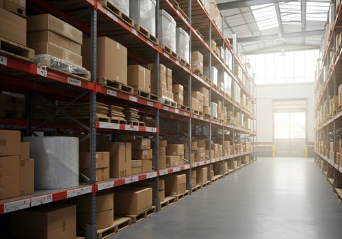 Vast Warehouse Aisles Filled with Cardboard Boxes and Pallets photo
