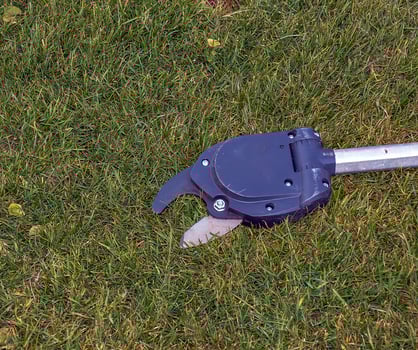 Pruning shears for high-altitude work. Close-up photo