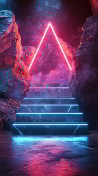 Illuminated staircase flows upward through glowing rocks in a mystical atmosphere photo