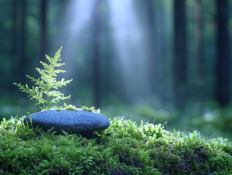 stone on a moss in the forest with sun rays and lens flare photo