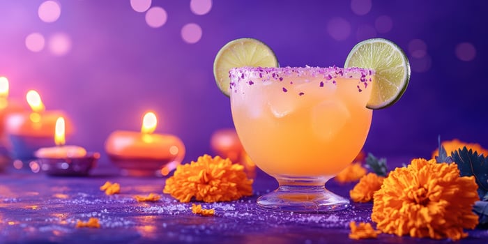 Colorful cocktail garnished with lime and marigolds on a dimly lit table photo