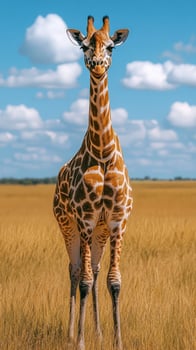 Majestic giraffe stands tall in golden grasslands under a sunny blue sky in a vast wildlife reserve photo