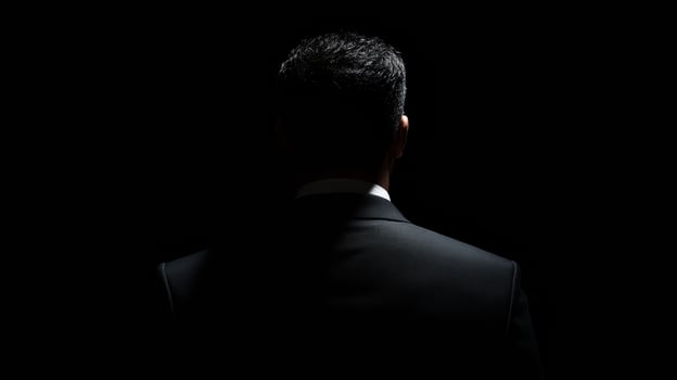 Mysterious male figure in shadow wearing dark suit photo