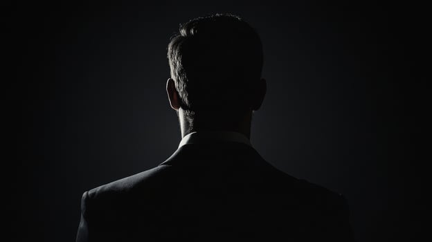 Silhouette of a young caucasian male in a suit backlit in darkness photo