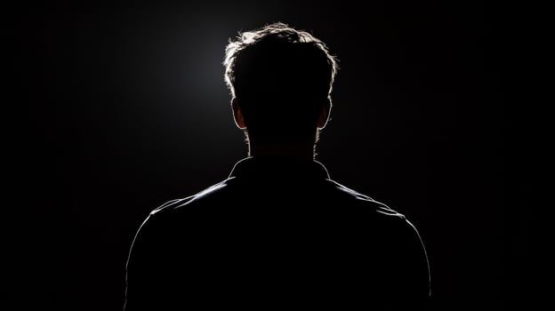 Silhouette of young caucasian male against black background photo