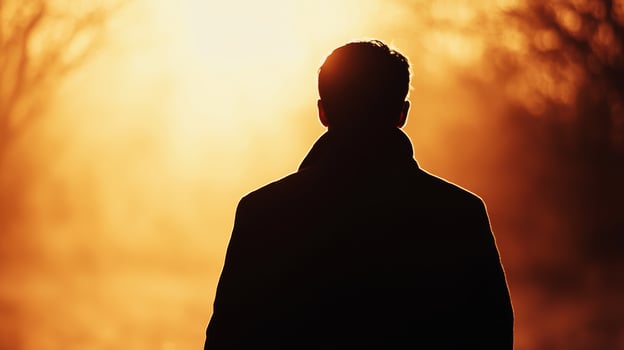 Silhouette of young caucasian male at sunset in contemplative outdoor setting photo