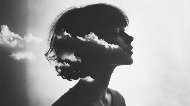 Silhouette of young female with clouds in artistic double exposure photo