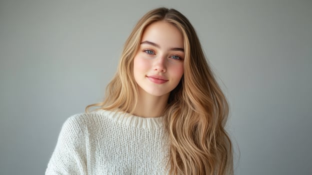 Smiling young caucasian female in cozy sweater with long blonde hair against gray background photo