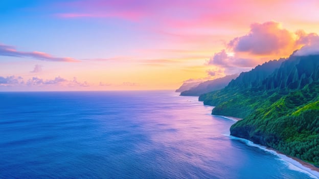Breathtaking view from a high cliff overlooking an endless ocean during a dramatic sunset with vibrant colors photo