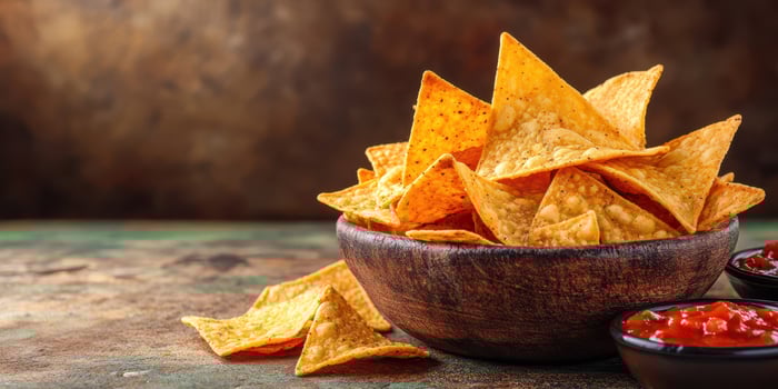 Crispy tortilla chips served in a wooden bowl with various dips on a rustic table setting photo