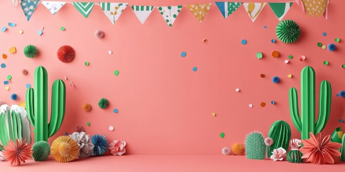 Colorful festive decoration with cacti and paper flowers for a vibrant celebration setup photo