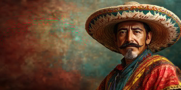 Man in traditional attire with a large sombrero, showcasing cultural heritage in a colorful backdrop photo
