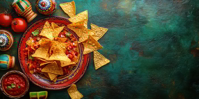 Colorful nachos with salsa and toppings arranged on a decorative plate with fresh tomatoes and bowls in a vibrant setting photo