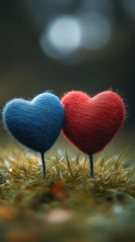 Colorful felt hearts stand together on grass during a tranquil outdoor scene photo