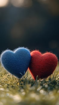 Two fuzzy hearts in blue and red resting on green grass symbolize love and connection during a serene afternoon photo