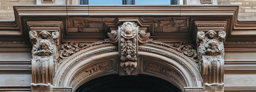 Ornate Stone Archway with Detailed Carvings on an Old Building photo
