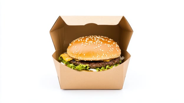 Savor a mouthwatering cheeseburger topped with fresh, crunchy lettuce, beautifully arranged in a convenient takeout box for an utterly satisfying meal experience that you won't forget photo
